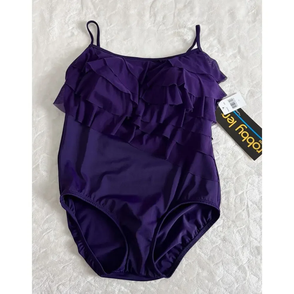 NWT Longitude Robby Len Size 14 Purple Ruffle One Piece Swimsuit Tummy Control